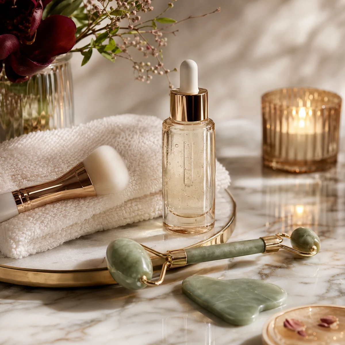 Luxury skincare tools and serum arranged with towels and warm candlelight