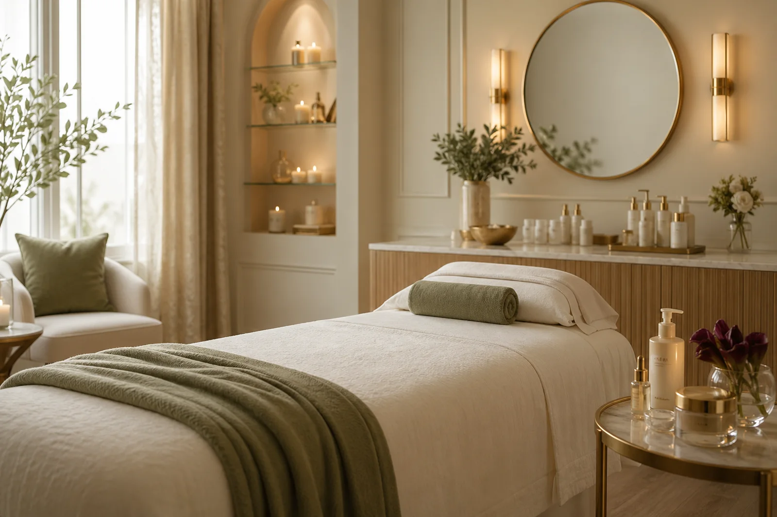 Warm private treatment room with a prepared facial and massage bed